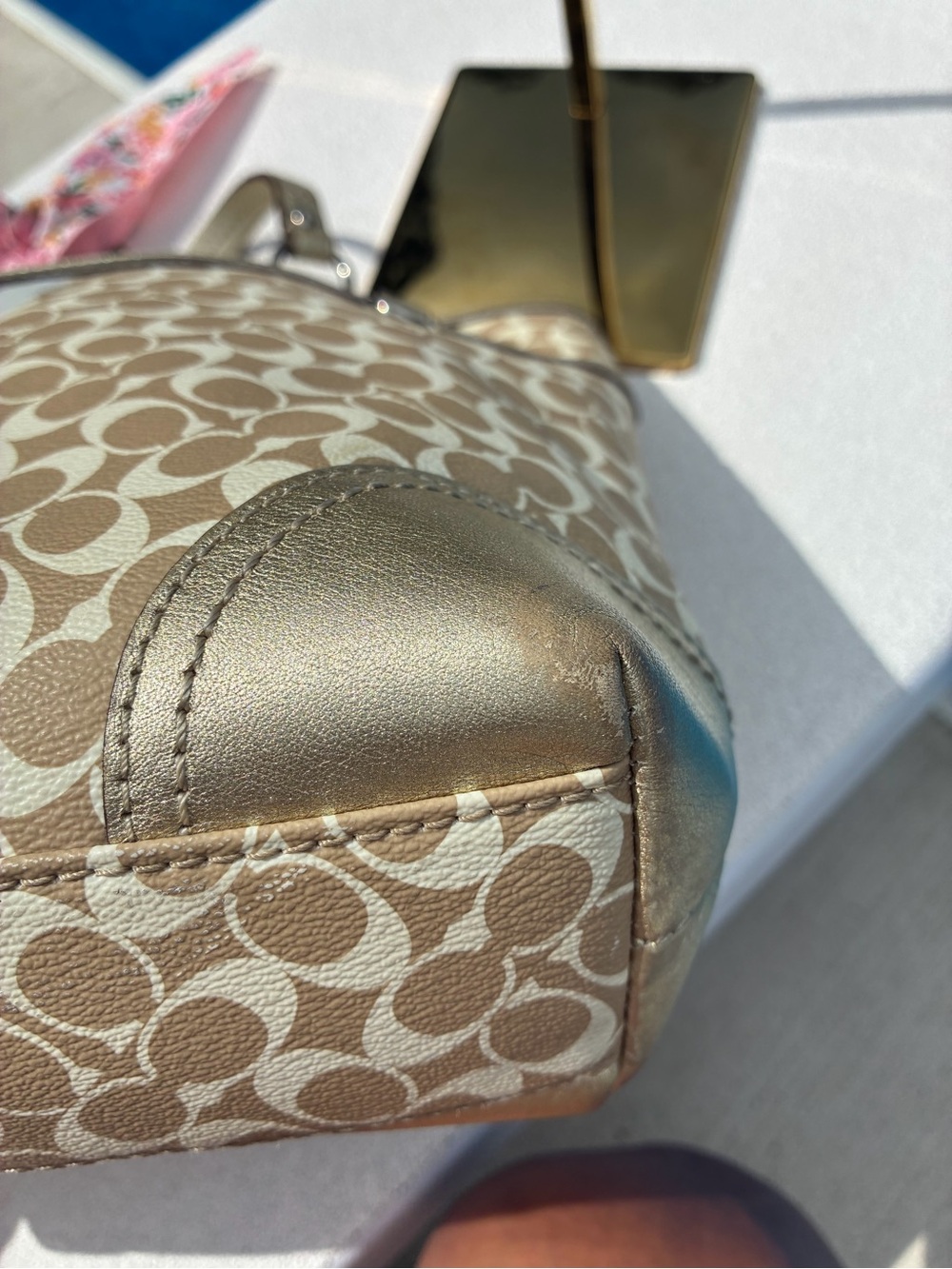 Gold Vintage Coach Heritage Stripe Signature Monogram Tote - Metallic Gold - Picture 6 of 13
